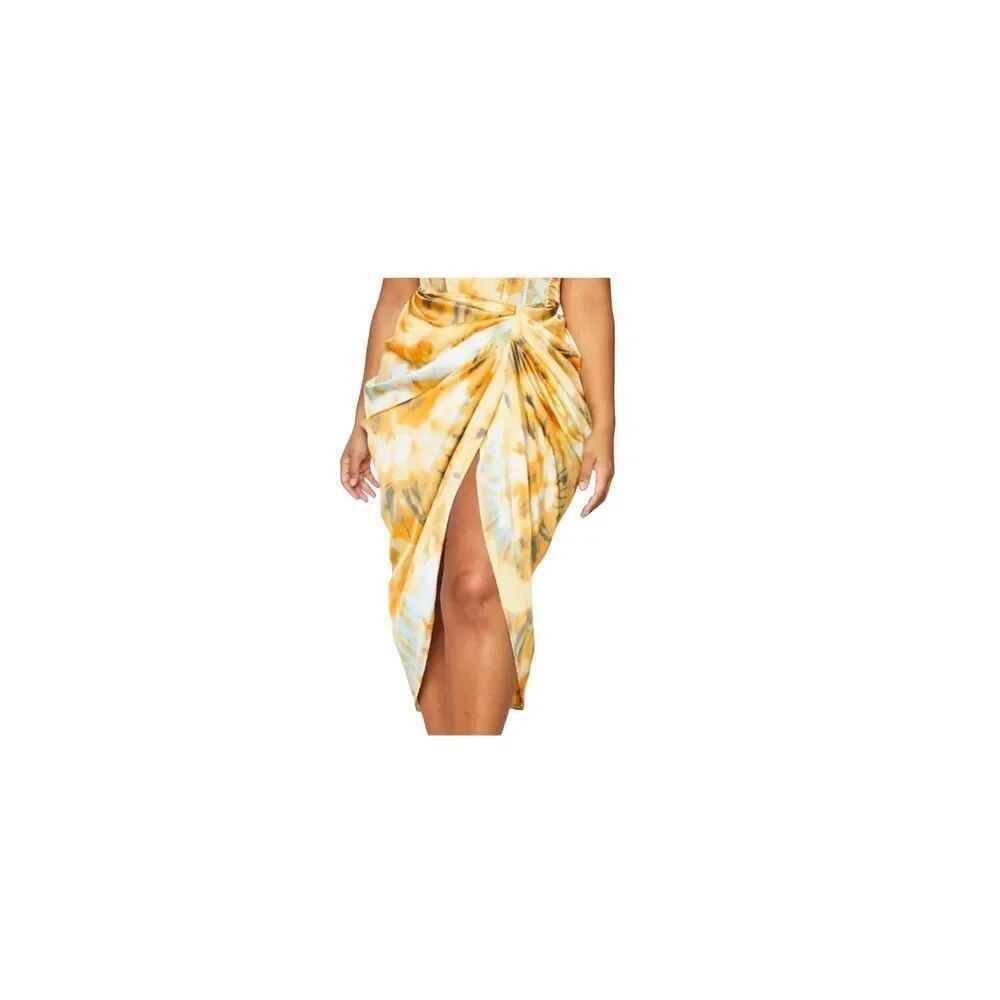 NWT Pretty Little Thing Tie Dye Side Ruched Gathered Midi Skirt Orange Size 12